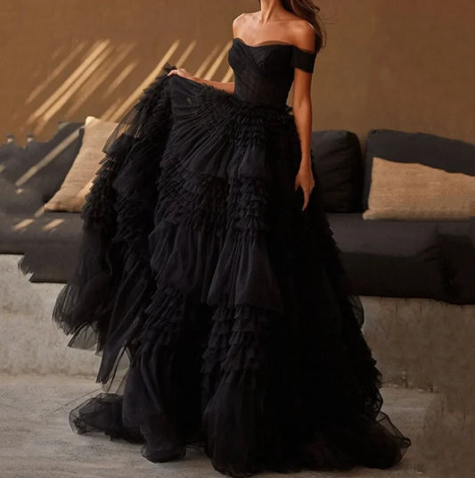 Open Shoulder Multilayer Ball Gown Tulle Puffy Robes Evening Dress