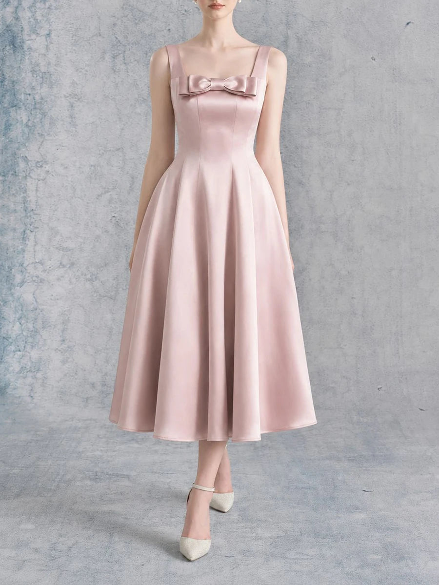 Pink bow square neck sleeveless midi dress