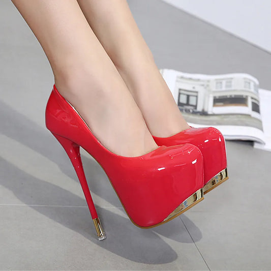 Metal High Heels 16cm Leather Round Toe Female Pumps Shoes