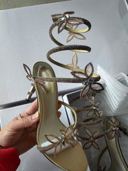 Crystal Flower Ankle Strap Heels