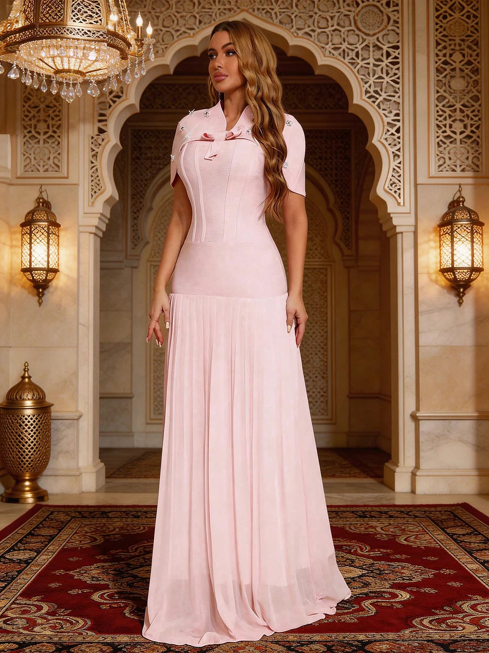 Beaded shawl sleeve bow detail maxi dress