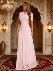 Beaded shawl sleeve bow detail maxi dress