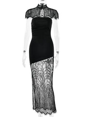Black Lace Cape Sheer Panel Dress