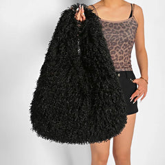 Textured Faux Fur Hobo Bag