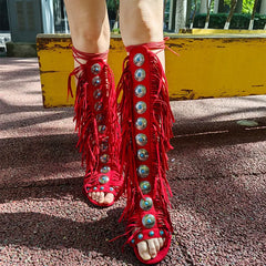 Fringed Gladiator Open Toe Flat Sandals