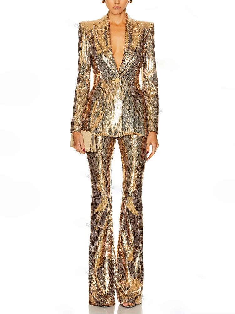 Gold sequin suit on a white background