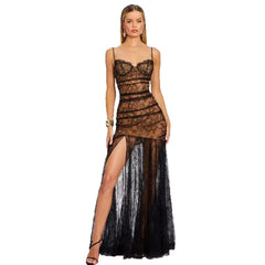 V neck lace bodycon dress with a flowing outer layer