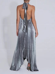 Metallic Pleated Halter Maxi Dress