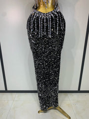 One-Shoulder Black Rhinestone Cut Out Maxi Dress