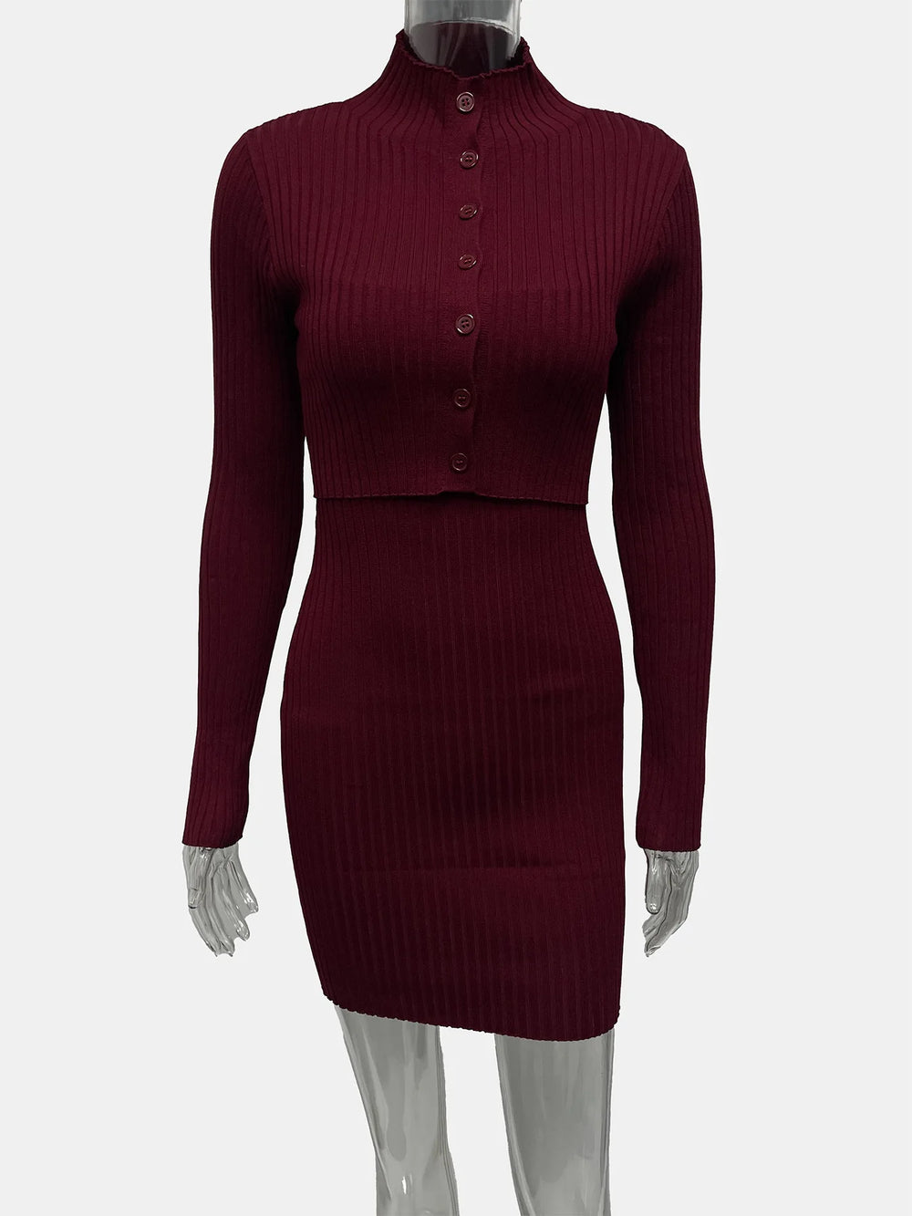 Maroon ribbed dress on a mannequin against a white background