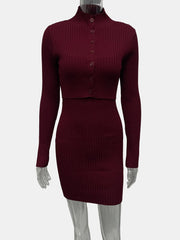 Maroon ribbed dress on a mannequin against a white background