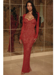 Red Lace Sheer Sleeve Removable-Sleeve Maxi Dress