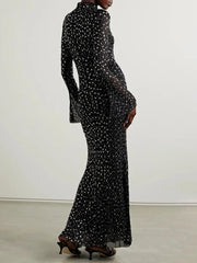Black Crystal Embellished Turtleneck Midi Dress