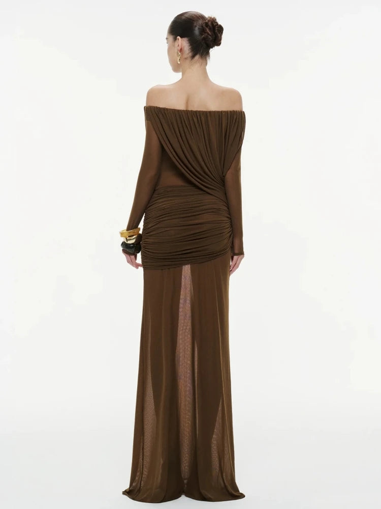 Brown off-shoulder evening gown on a white background