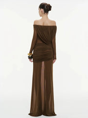 Brown off-shoulder evening gown on a white background