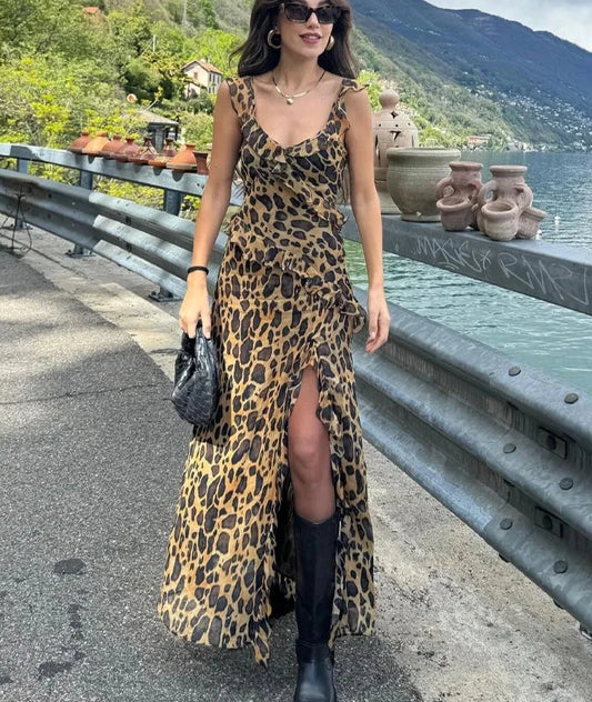 Leopard Fold Print V-Neck Sleeveless Long Dress