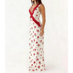 Floral print maxi dress with red lace V-neck detail, alternate print side view