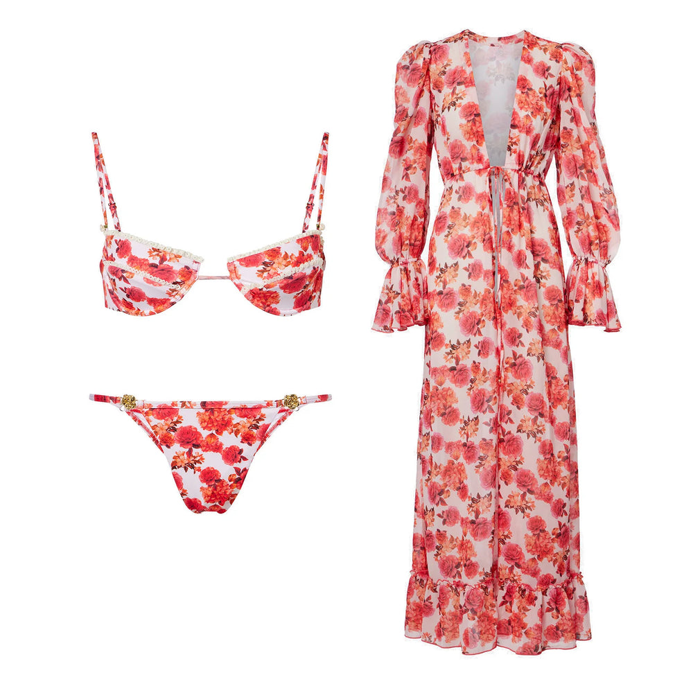Floral print bikini set with long sleeve cover-up