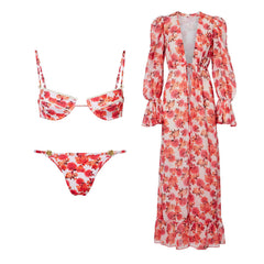 Floral print bikini set with long sleeve cover-up