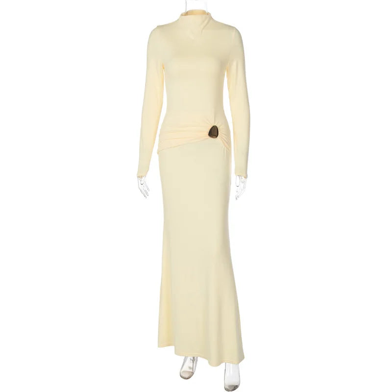 Long-sleeve cream dress on a mannequin against a white background