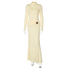 Long-sleeve cream dress on a mannequin against a white background