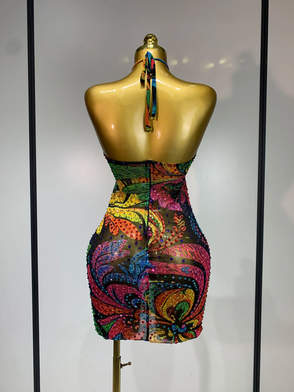 Sparkling print halter mini dress back view