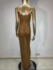 Rhinestone Mesh Embellished Spaghetti Strap Maxi Dress