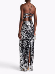 Silver Floral Sequin Halter Gown – Elegant Evening Dress