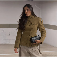 Brown Stand Collar Long Sleeve Pocket Jacket and Shorts Two Piece Set
