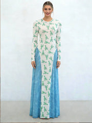 Patchwork O-Neck Long Sleeve A-Line Maxi Dress