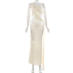 Mannequin wearing a one-shoulder cream evening gown on a white background