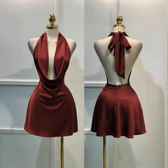 Satin Halter Neck Cowl Neck Mini Dress