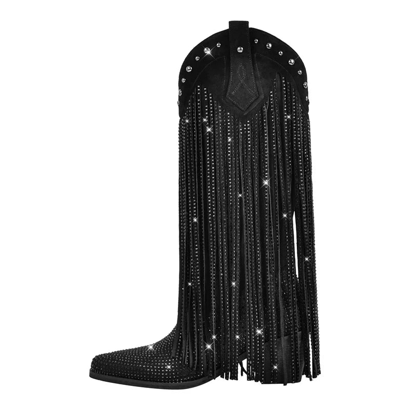 Black boot with fringes and rhinestones on a white background