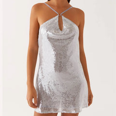 Halter Neck Sequin Cutout Mini Dress