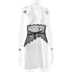 White Satin Lace Trim Waist Halter Mini Dress
