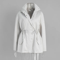 Drawstring Waist Standing Collar Trench Coat