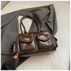 Microfiber Leather Vintage Pocket Satchel – Black & Burgundy