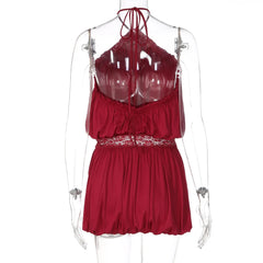 Halter Neck Ruched Lace Trim Mini Dress