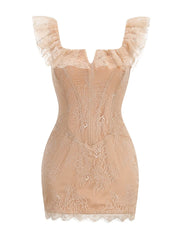 Peach Lace Ruffle Square Neck Mini Dress
