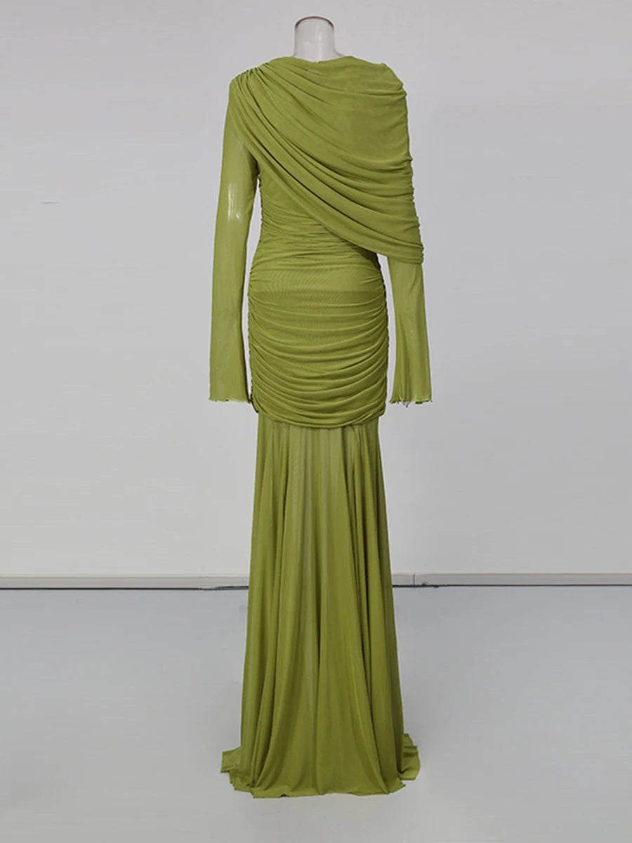 Draped mesh maxi dress on mannequin, three-quarter view