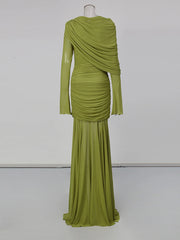 Draped mesh maxi dress on mannequin, three-quarter view