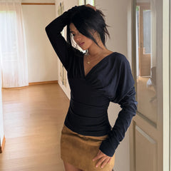 Draped V Neck Long Sleeve Top