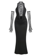 Black evening gown with lace sleeves on a white background