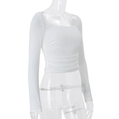 White Ruched Off Shoulder Long Sleeve Top