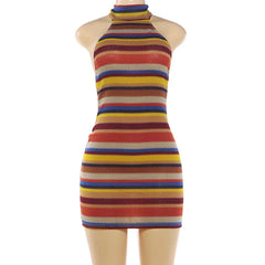 Striped Knit Halter Backless Mini Dress