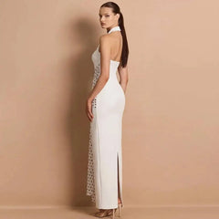 White halter neck polka dot maxi dress back view