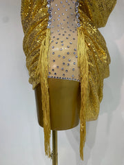 Gold Sequin Cowl Neck Drawstring Bodysuit