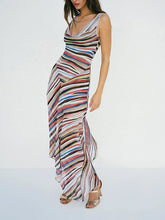 Striped V-neck sleeveless midi dress on a white background