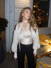 Ribbon Deep V-neck Satin Shirt