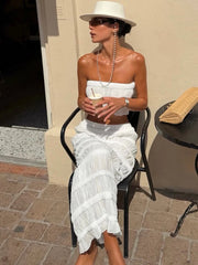 White Sheer Ruched Bandeau Top and Maxi Skirt Set